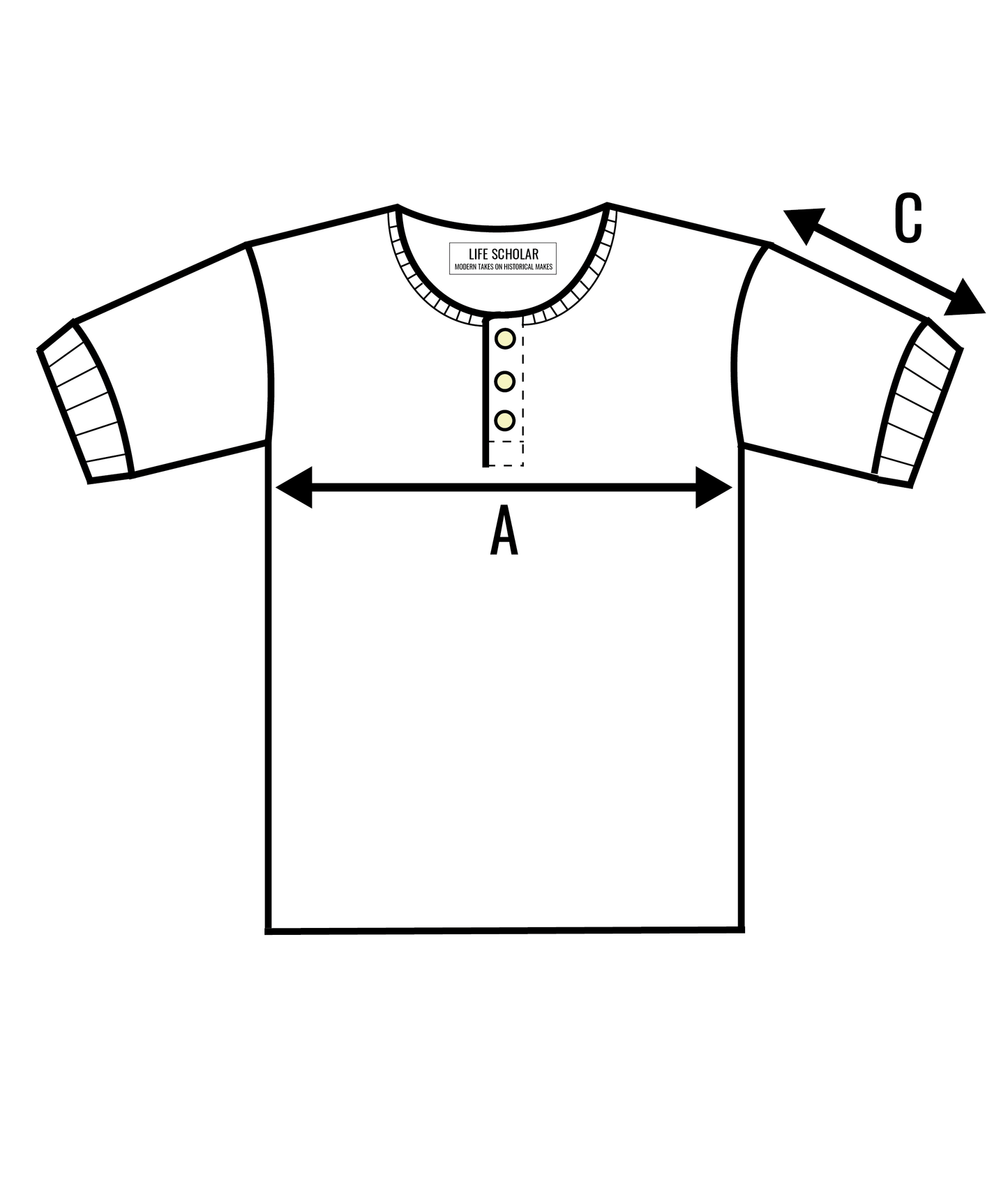 Front size image of the Life Scholar Henley T-Shirt measurements.